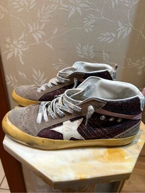 Golden Goose Midstar beige suede sneakers with burgundy sequins & star